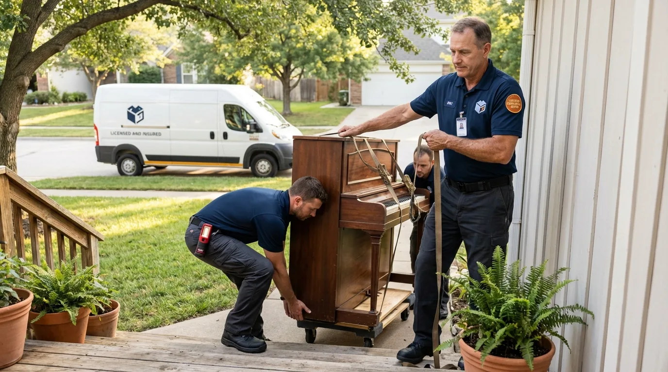 Licensed piano movers securing grand piano in Southampton, NY