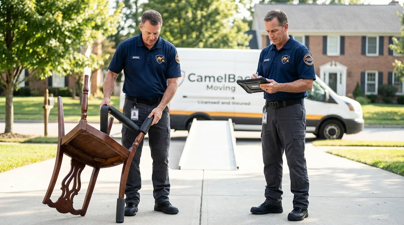Movers inspecting furniture for damage prevention before loading in Southampton, NY