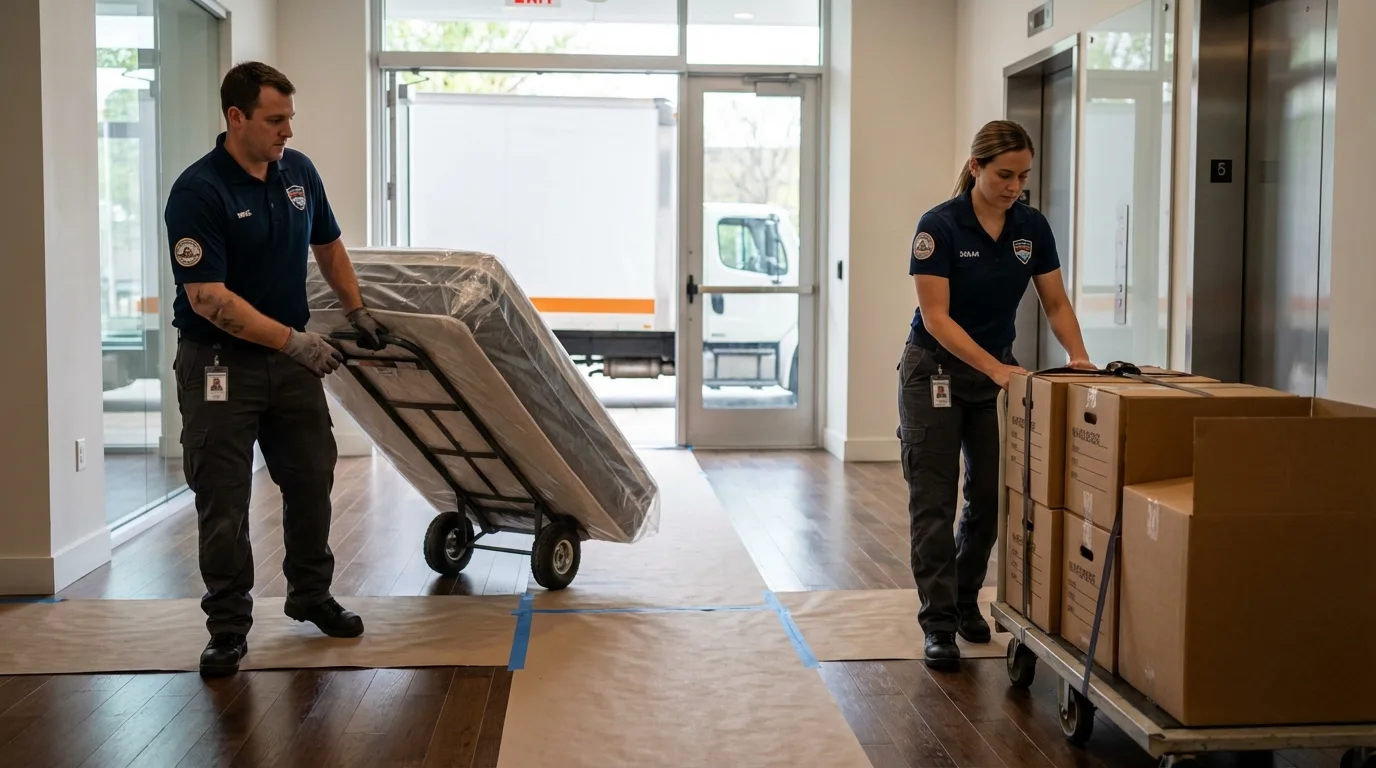 Professional apartment movers loading elevator in Southampton, NY